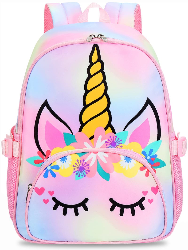 BTOOP Kids Backpack Girls School Backpack Preschool Kindergarten Unicorn Toddler BookBag with Chest Clip (Tie Dye headband) - Image 1